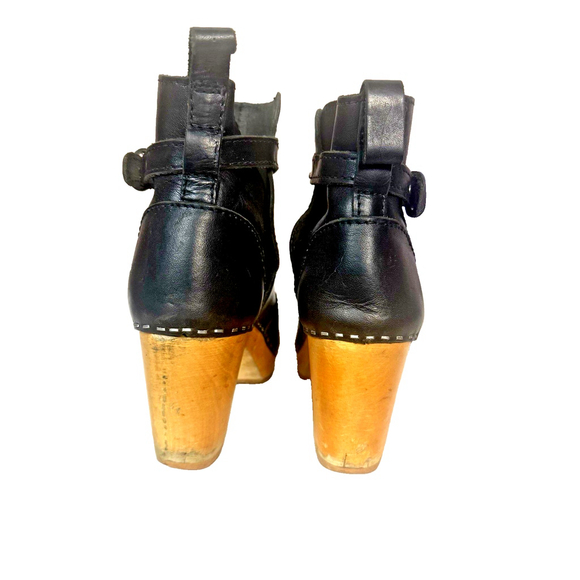 Swedish Hasbeens Jodhpur Toffel Wood Clog Black Leather Strap Boots - Picture 12 of 16